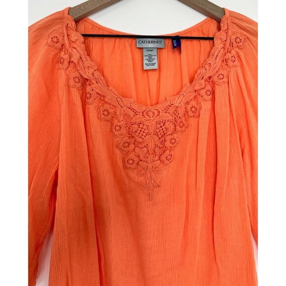 Catherines Tunic Women OXWP 14/16W Petite Orange 3/4 Sleeve Crochet Floral Detai - Picture 2 of 9